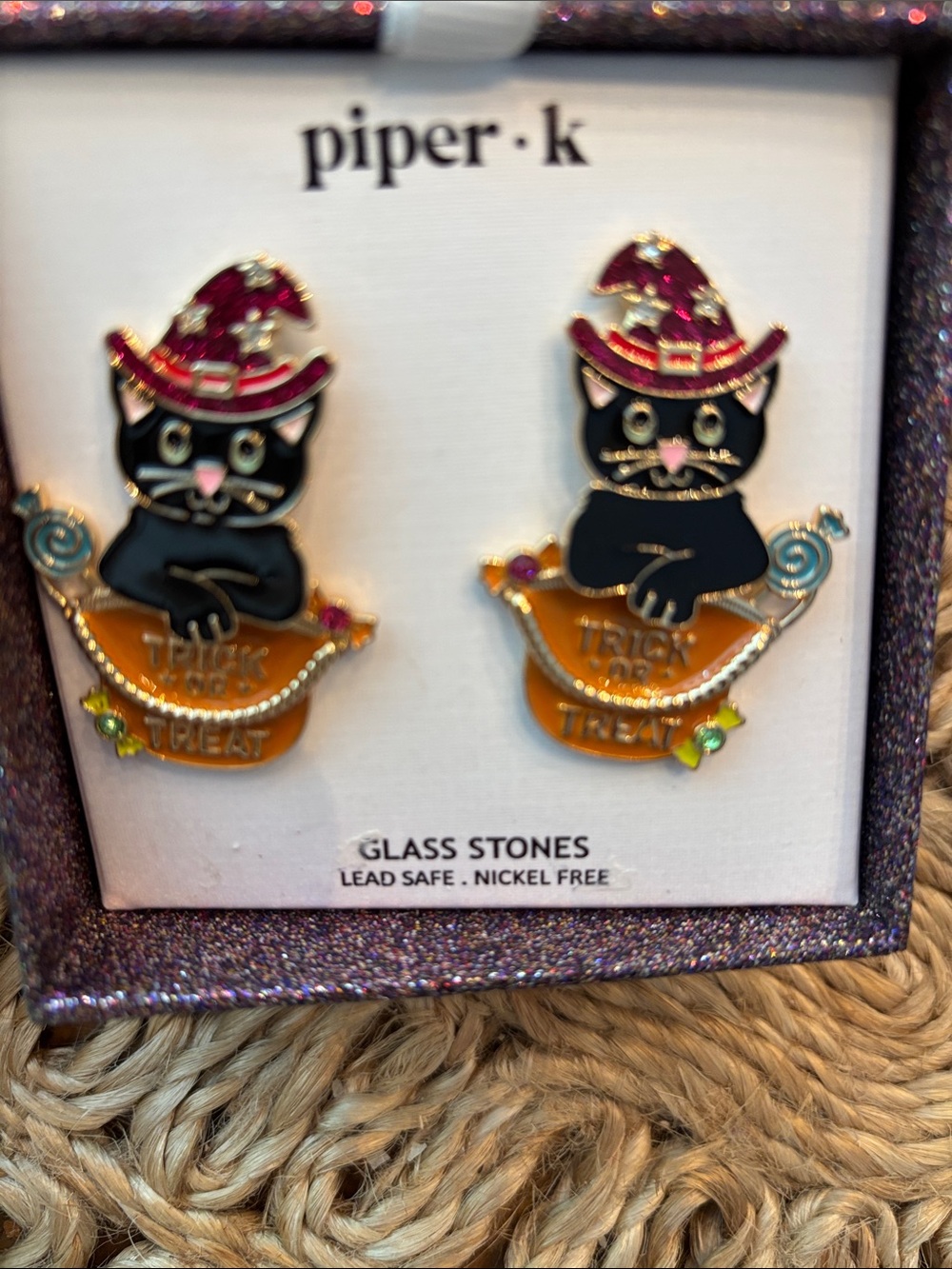 Piper Black Cat Witch Earrings with Orange Cauldron and Red Hat - Picture 2 of 4
